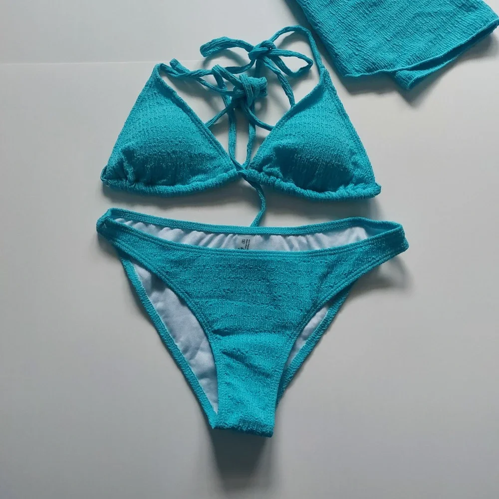 Women's 3‎ Piece Textured High Cut Halter Triangle Bikini Swimsuit Mint size S